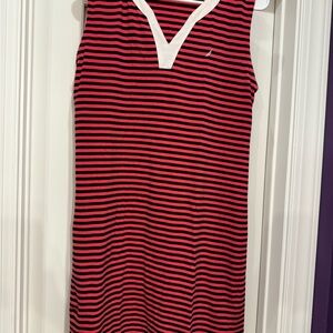 Nautica coral and navy Striped Sleeveless Dress size L